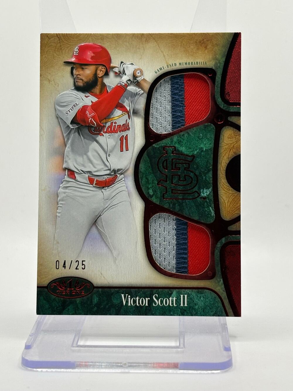 2026 Topps Tier One Victor Scott II Dual Relic Game Used 4/25 SP STL Cardinals
